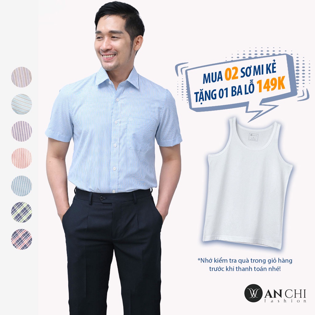 Áo Sơ Mi Nam Ngắn Tay Trung Niên ANCHI Cotton Ấn Độ Cao Cấp Hoạ Tiết Sọc Xanh