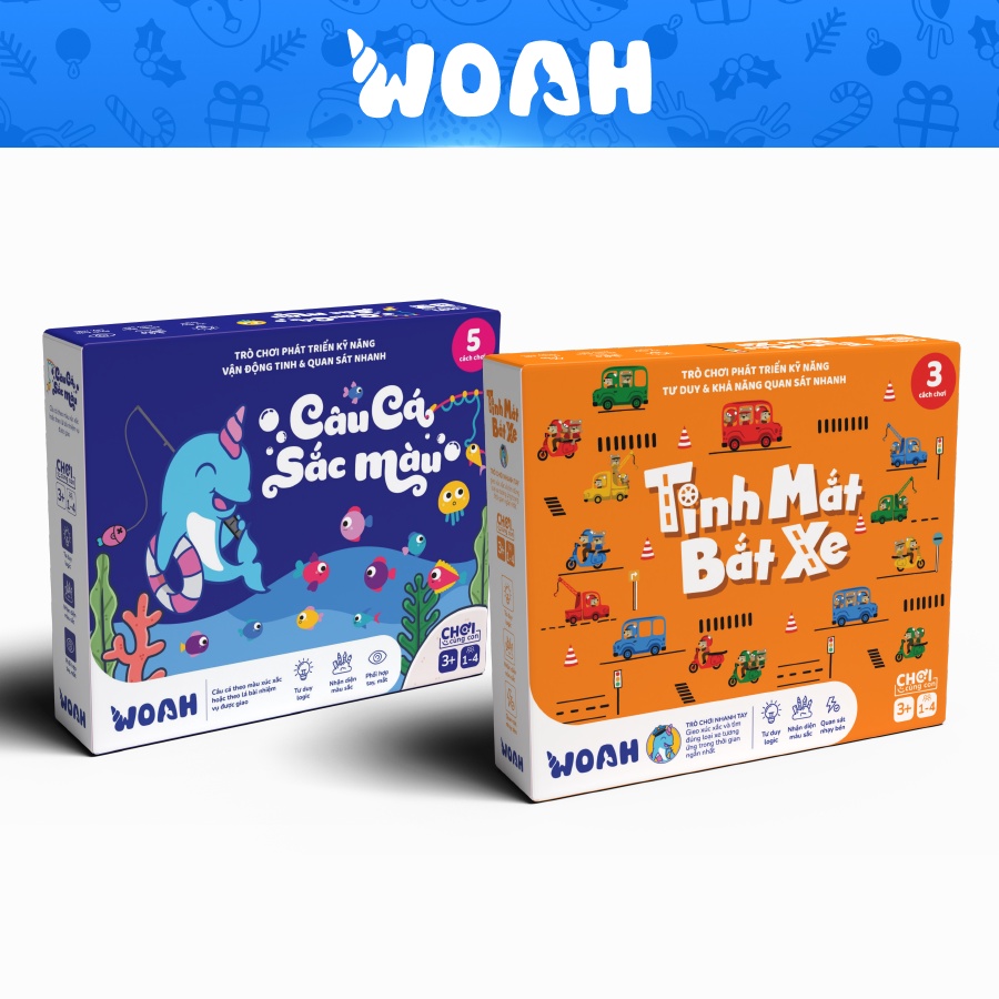 Combo trò chơi Vận động tinh cho bé từ 3 tuổi - Câu cá sắc màu và Tinh mắt bắt xe - Board Game VN