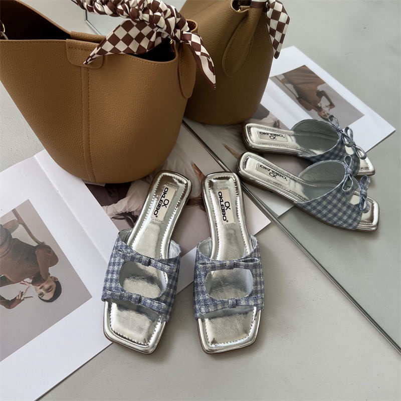 2023 Dép Lê Nữ Đế Bằng Mũi Vuông Thắt Nơ Xinh Xắn Thời Trang