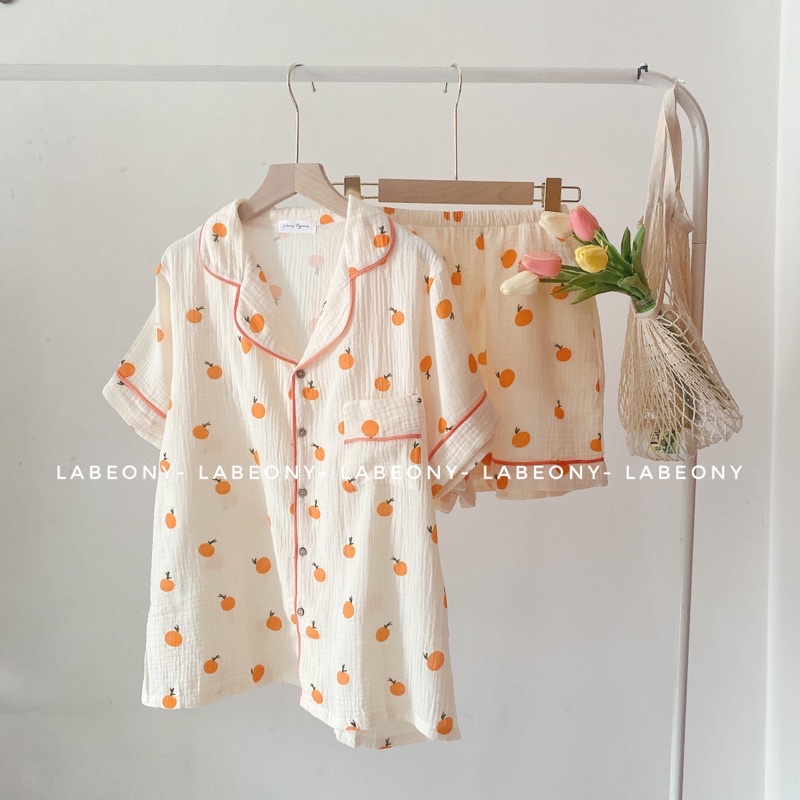 Đồ mặc nhà cao cấp Pyjamas đồ bộ nữ Họa tiết trái cam muslin cao cấp Labeony