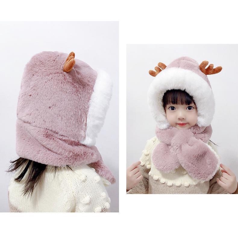 Mũ Len Kèm Khăn sừng nai Cho Bé 4-8 Tuổi 🌸FREESHIP🌸Mũ lông trùm đầu liền khăn cổ giữ ấm cho bé (tuyển sỉ).
