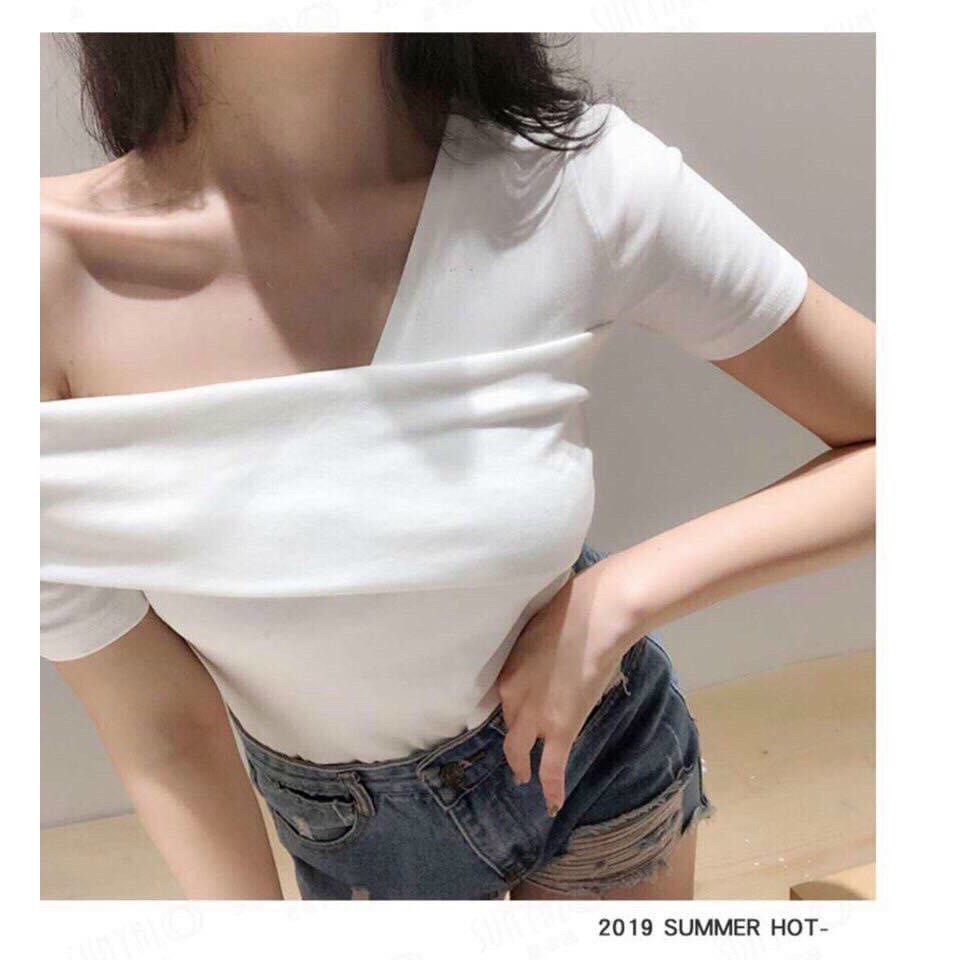 Áo kiểu bozip tay ngắn chéo vai bản xinh ảnh thật