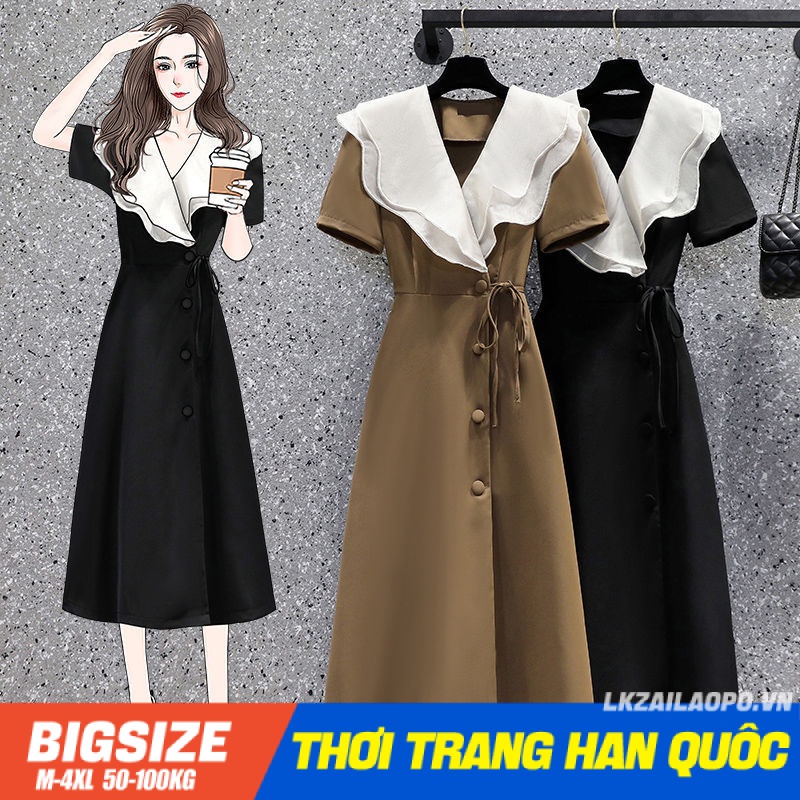 Đầm dáng dài Bigsize Váy nữ tay ngắn cổ chữ v bánh bèo che bụng mỡ ôm eo mùa hè Phong cách Hàn Quốc Thời Trang tiểu thư cá tính xinh đẹp cho người mập béo