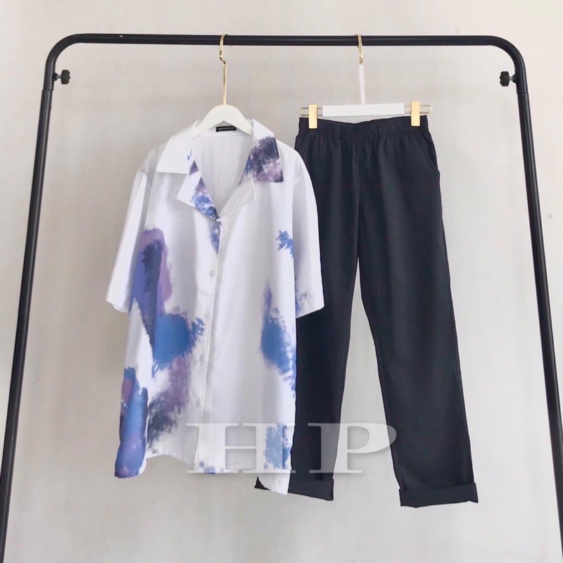 Sét áo sơ mi loang + quần kaki đen DV7