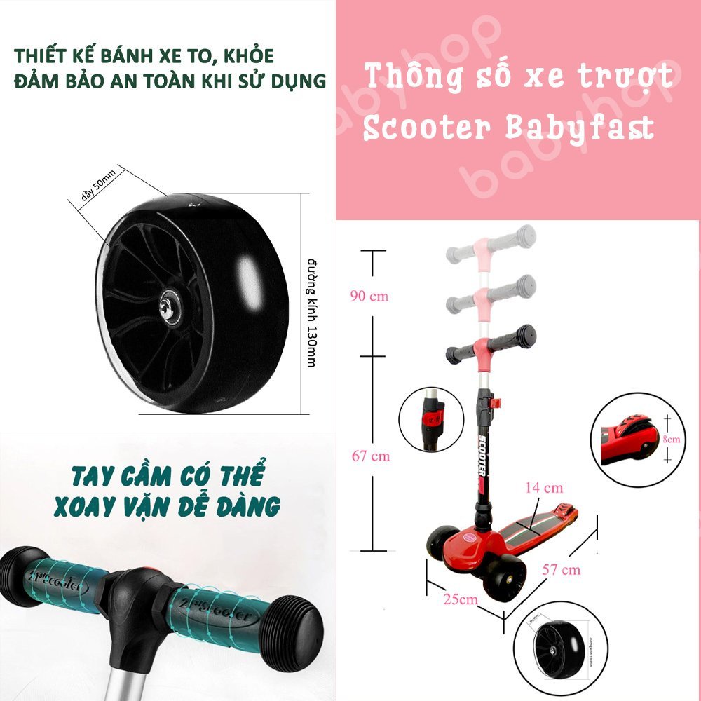 Combo 2 chiếc xe trượt scooter cho bé Babyfast thương hiệu Babyhop 3 bánh to phát sáng vĩnh cửu gấp gọn chịu lực 100kg