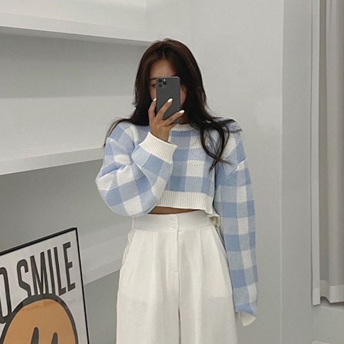 QADCOL Áo sweater croptop tay dài họa tiết caro xinh xắn thời trang cho nữ