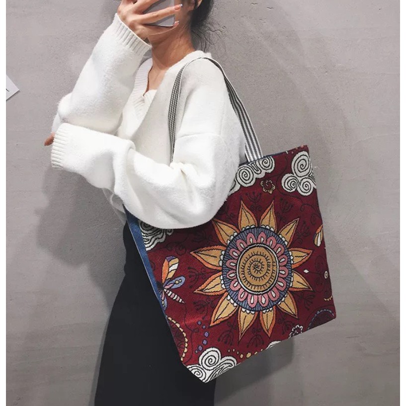 Túi tote vải canvas bao tử hoa hướng dương thổ cẩm size to vừa A4 có dây kéo