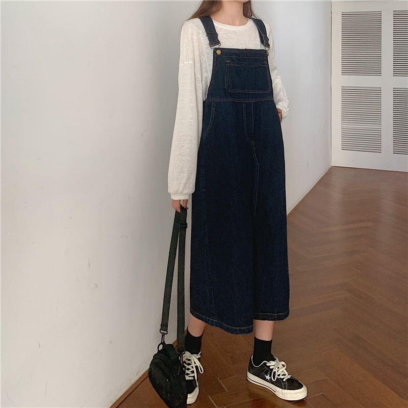 Xiaozhainv Đầm Yếm Denim Form Rộng Phong Cách Retro Hàn Quốc Cho Nữ