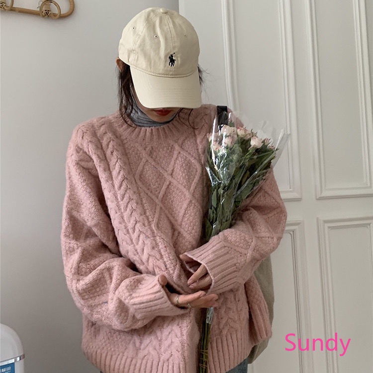 Áo Sweater Dệt Kim Dáng Rộng Màu Sắc Đơn Giản Cho Nữ