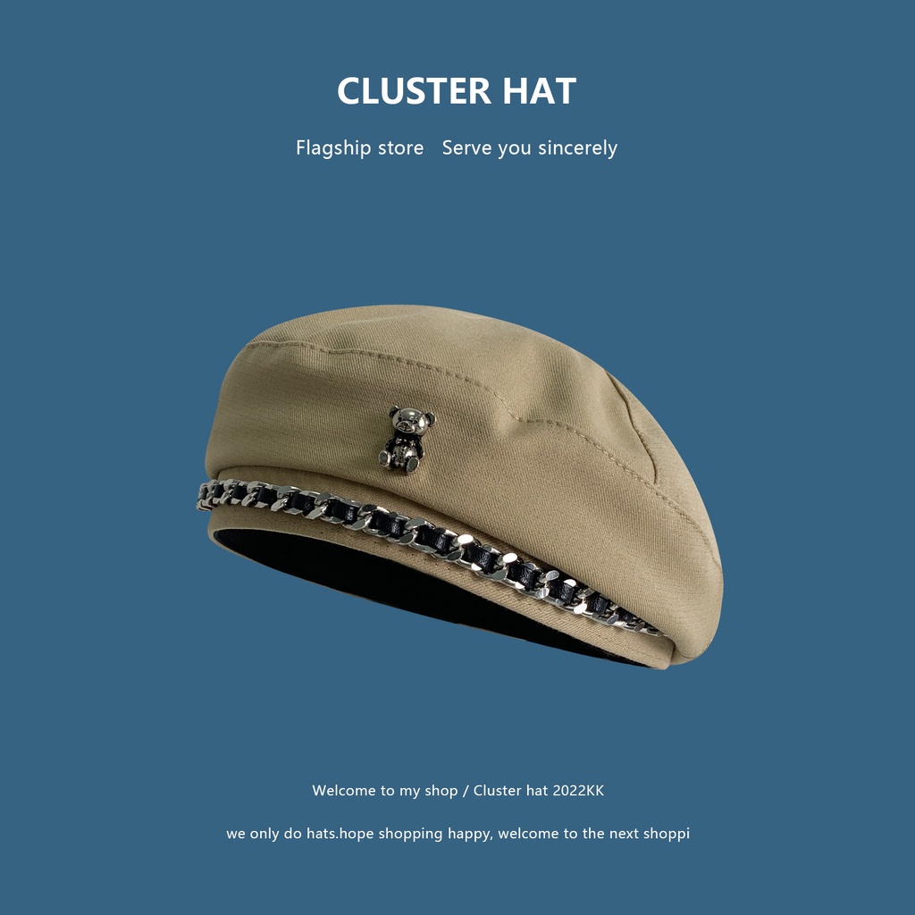 Mũ Beret Phối Dây Xích Họa Tiết Gấu Hoạt Hình Thời Trang Xuân Thu Dành Cho Nữ