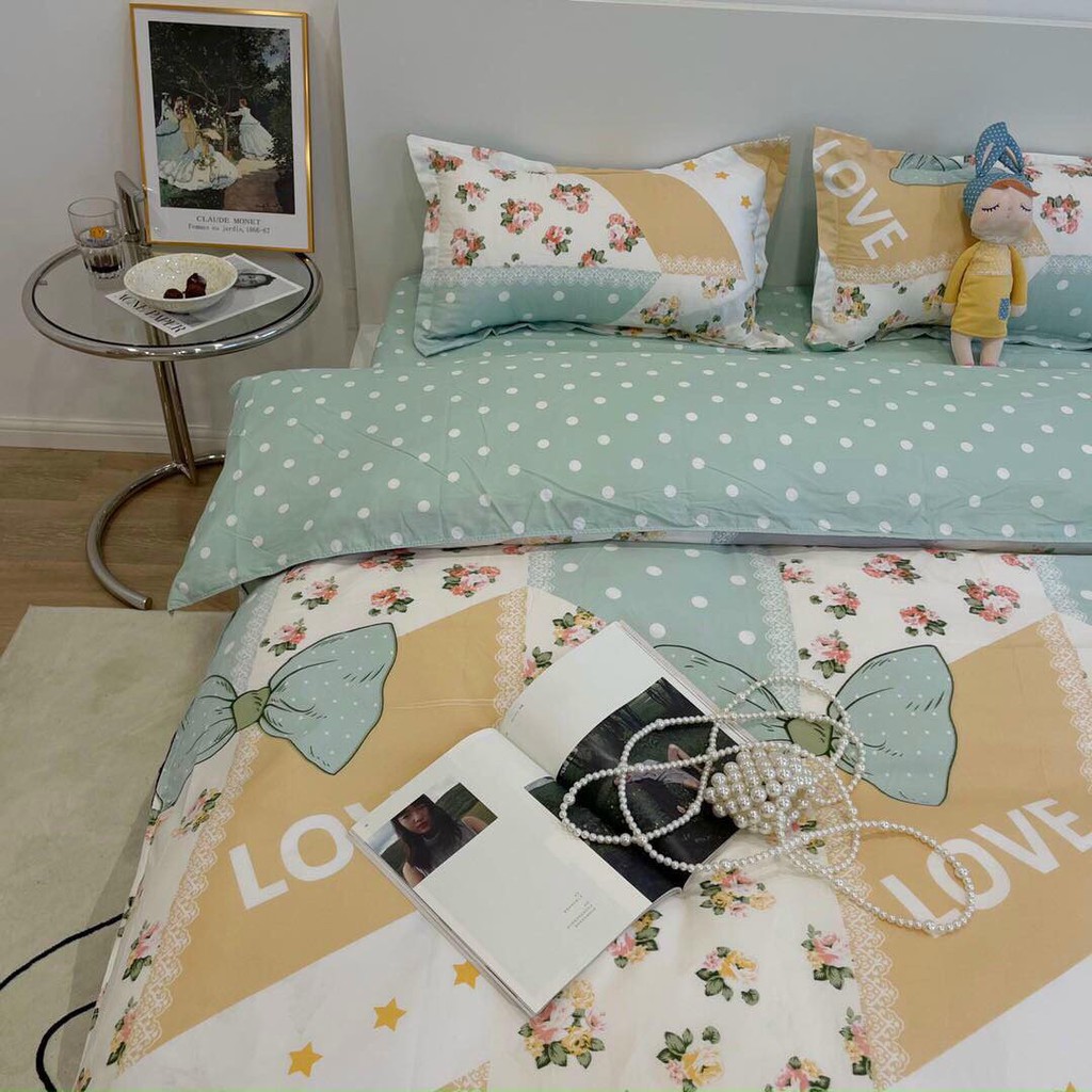 Bộ chăn ga gối Poly Cotton Hoa love xanh (Tặng vỏ gối ôm) - Miễn phí bo chun mọi kích thước