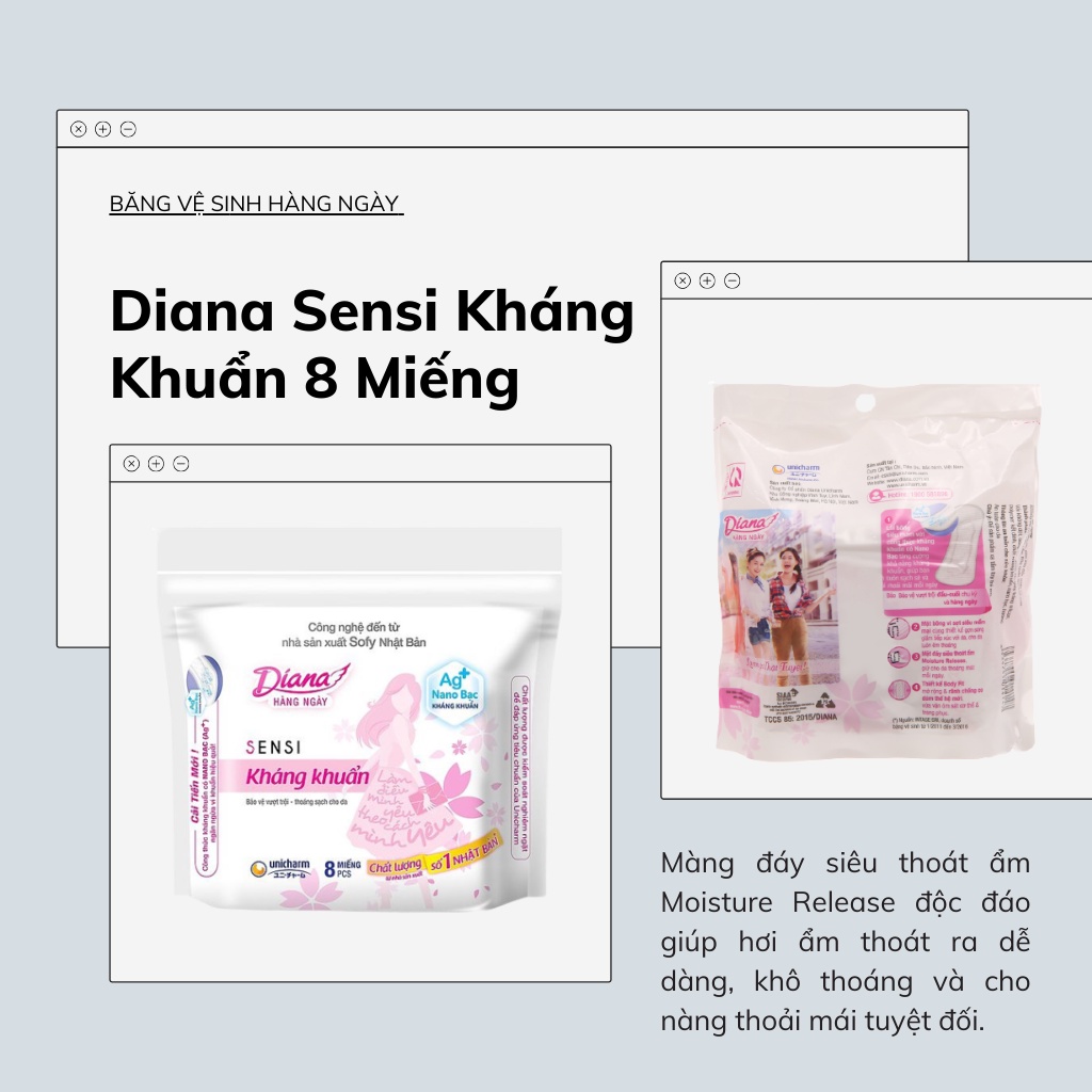 Combo 6 gói băng vệ sinh Diana Sensi kháng khuẩn 8 miếng