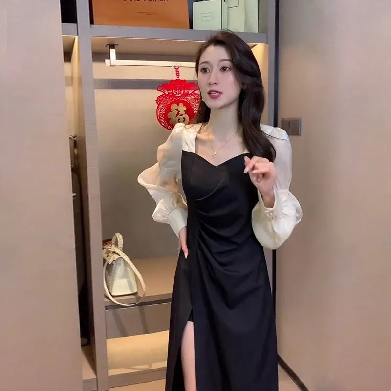 Đầm tay phồng cổ vuông ôm eo size lớn phong cách retro Pháp mới cho nữ