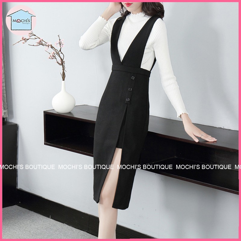 Yếm đầm váy dáng dài nữ đẹp, mẫu yếm váy nữ xẻ đùi hàng cúc chạy dọc, mặc kết hợp áo phông, áo len đều đẹp - M1500