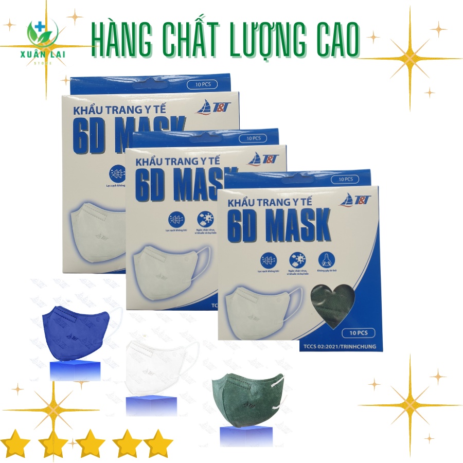 Khẩu trang y tế 6D MASK T&T Vải Không Dệt SMS Plus 3+ Kháng Khuẩn, Chống Bụi Mịn [ Hộp 10 chiếc ]