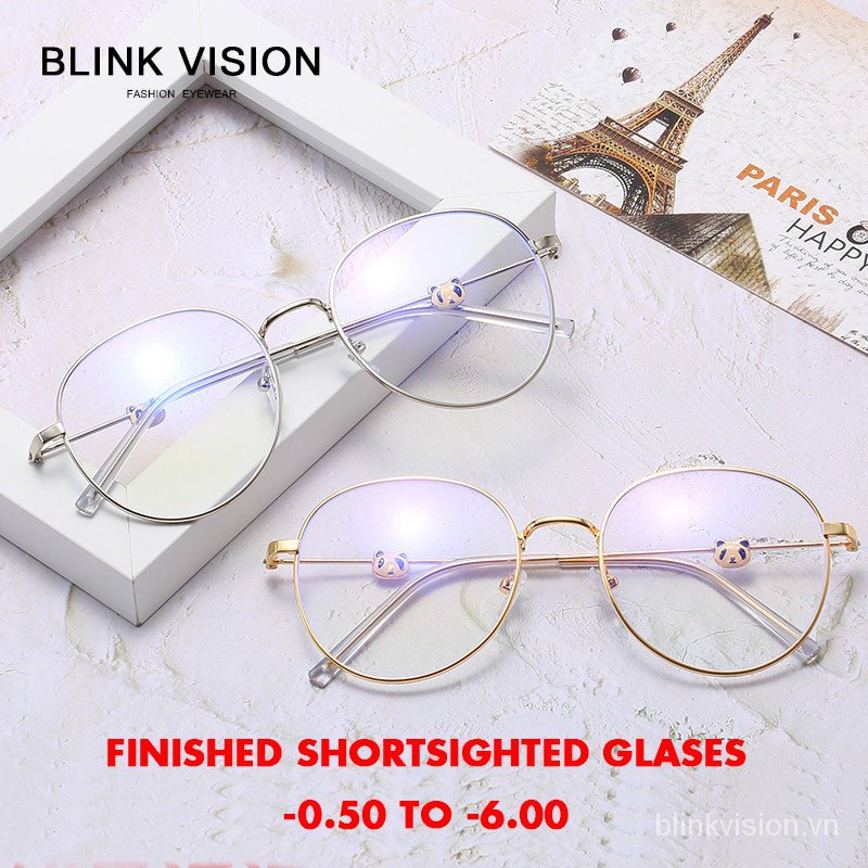 0-600 Phong Cách Hàn Quốc Panda Chống Tia Bức Xạ Thời Trang Kính Mắt Tròn Chống Ánh Sáng Xanh Nữ Nam Cận Thị Retro Gọng Kính Kim Loại khung