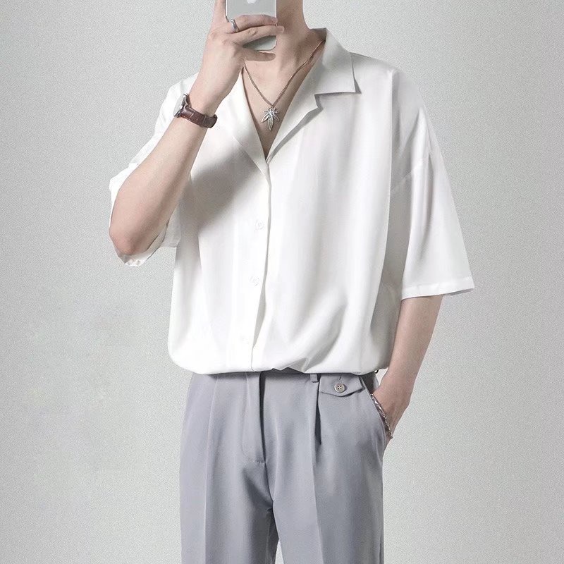 Áo Sơ Mi Trơn Tay Ngắn Dáng Rộng Thoáng Khí Phong Cách Thời Trang Hàn Quốc Cho Nam Giới