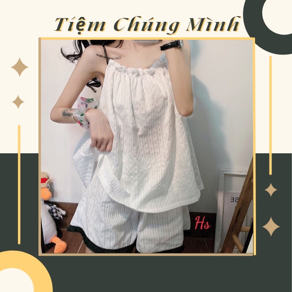 Bộ ngủ nữ áo 2s kèm quần đùi trắng siêu xinh freesize < 60kg