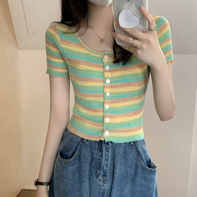 【ZHELIHANGFEI】Áo Cardigan Dệt Kim Tay Ngắn Dáng Ôm Kẻ Sọc Quyến Rũ Trẻ Trung