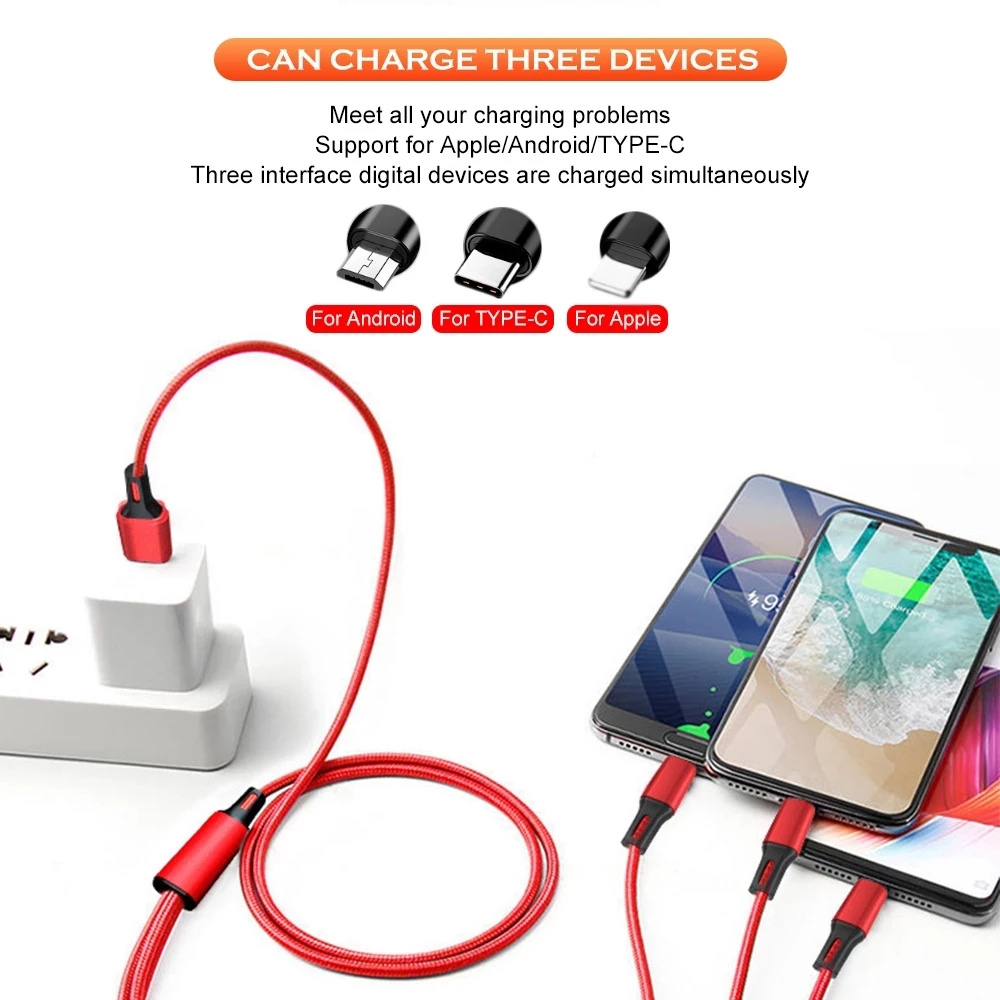 3 In 1 Fast Charging Cable Micro USB Type C Cable iPhone Lightning cable Multi port USB charging cable