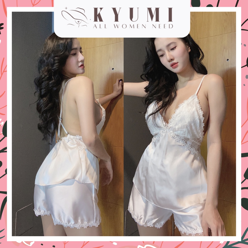Đồ ngủ sexy đồ ngủ 2 dây chéo lưng phối ren KYUMI OFFICIAL, chất liệu lụa satin, freesize 40-60kg tùy chiều cao 009 | BigBuy360 - bigbuy360.vn