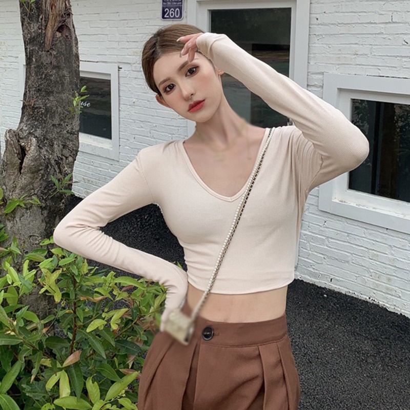 Áo Croptop Tay Dài Màu Sắc Thanh Lịch Phong Cách Hàn Quốc