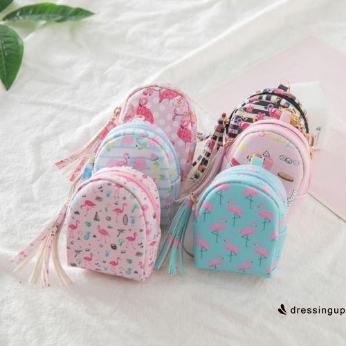 Túi ví đựng tiền xu mini in hình chim hồng hạc có móc khóa cho nữ