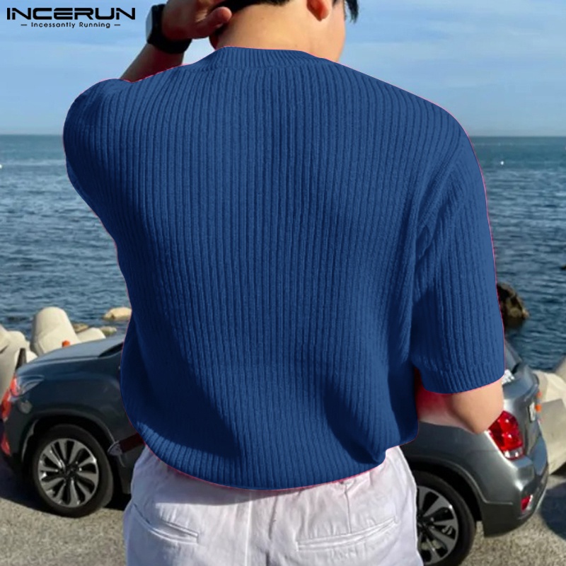 Áo thun INCERUN dệt kim chui đầu cổ tròn ngắn tay màu trơn cho nam