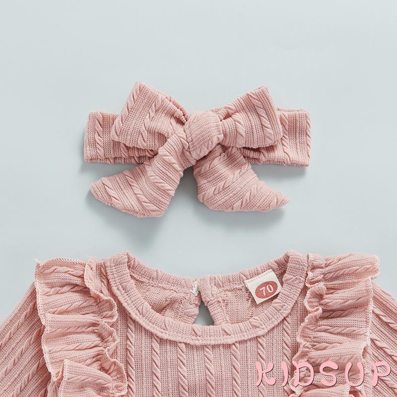 Set Áo liền quần tay dài cổ tròn + băng đô cài tóc nhiều màu sắc cho bé