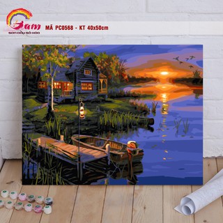 Tranh tự tô màu sơn dầu số hóa DIY phong cảnh - Mã PC0568 Cảnh đêm hồ nước bến thuyền ngôi nhà nhỏ