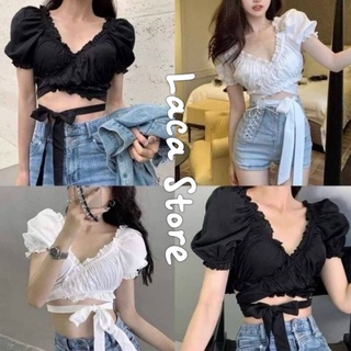 Áo Croptop Đắp Chéo Nơ Eo - Áo Croptop Cổ Chữ V Bèo Thân Buộc Nơ LaCa