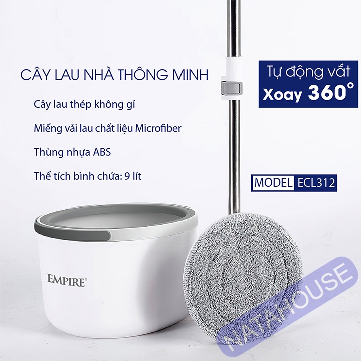 Cây Lau Nhà Empire ECL312_Trắng Bộ Lau Nhà Tự Vắt Thông Minh tiết kiệm nước