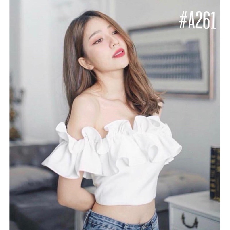 Áo croptop trễ vai nhún bèo hoa kiểu nữ, tiểu thư, sang trọng chất dày dặn đủ màu, ảnh thật 100%