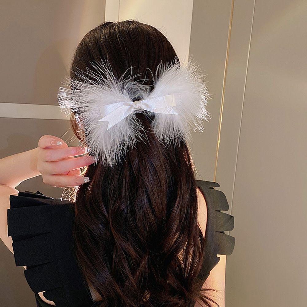Kẹp Tóc Hình Nơ Đính Lông Vũ Phong Cách Vintage Thanh Lịch Cho Nữ