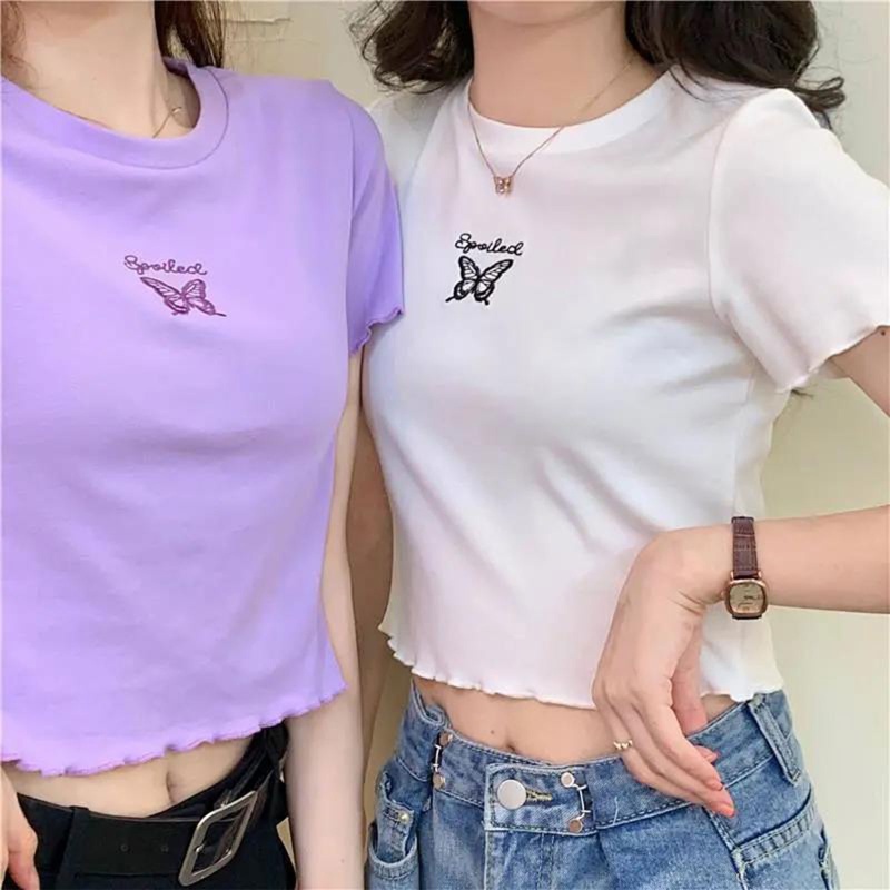 Áo Thun Croptop Thêu Họa Tiết Bướm Dễ Thương Thời Trang Mùa Hè Cho Nữ
