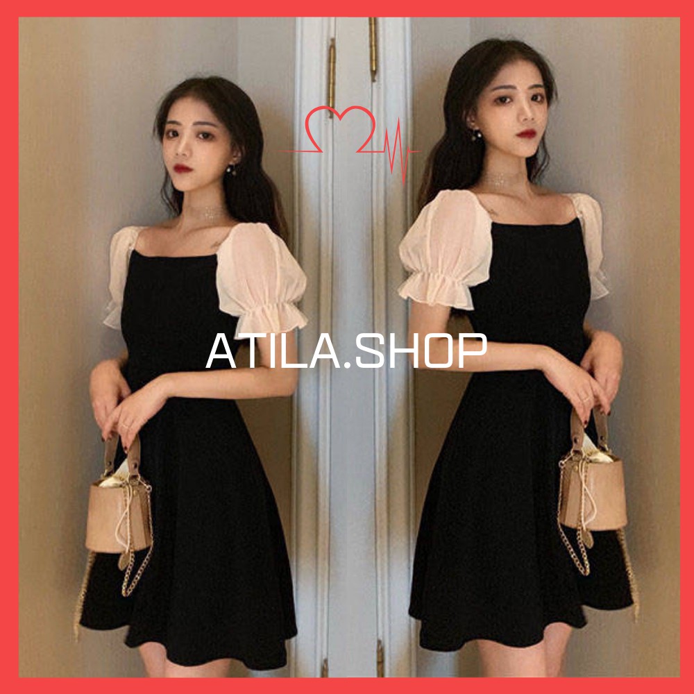 Váy nữ , váy đầm nữ dáng xòe ôm tay phồng trễ vai cổ vuông thiết kế phong cách kiểu Pháp sang chảnh ATILA.SHOP | BigBuy360 - bigbuy360.vn