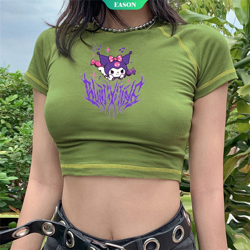 Áo Thun crop top Tay Ngắn Cổ Tròn In Hình Cầu Vồng Kuromi 2021 Thời Trang Mùa Xuân Cho Nữ