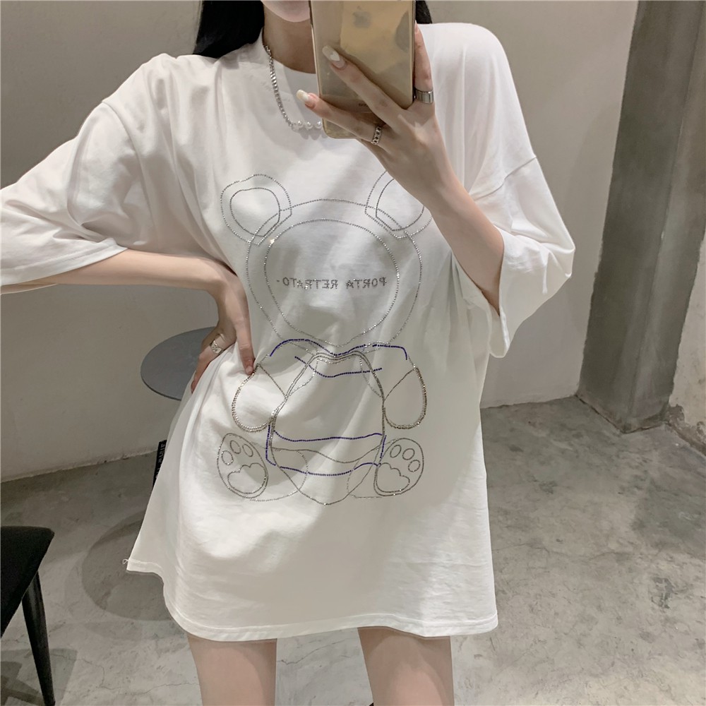 Hot Rhinestone T-shirt Women's Summer Bear Black Short Sleeve Loose New Style Thin Medium and Long Heavy Industry Top