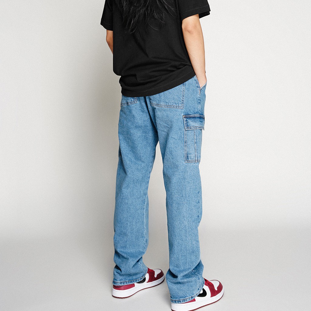 OWL BRAND ® CARGO RELAX JEANS - Quần jeans nam, dài túi hộp ống rộng / Xanh - OWL111021