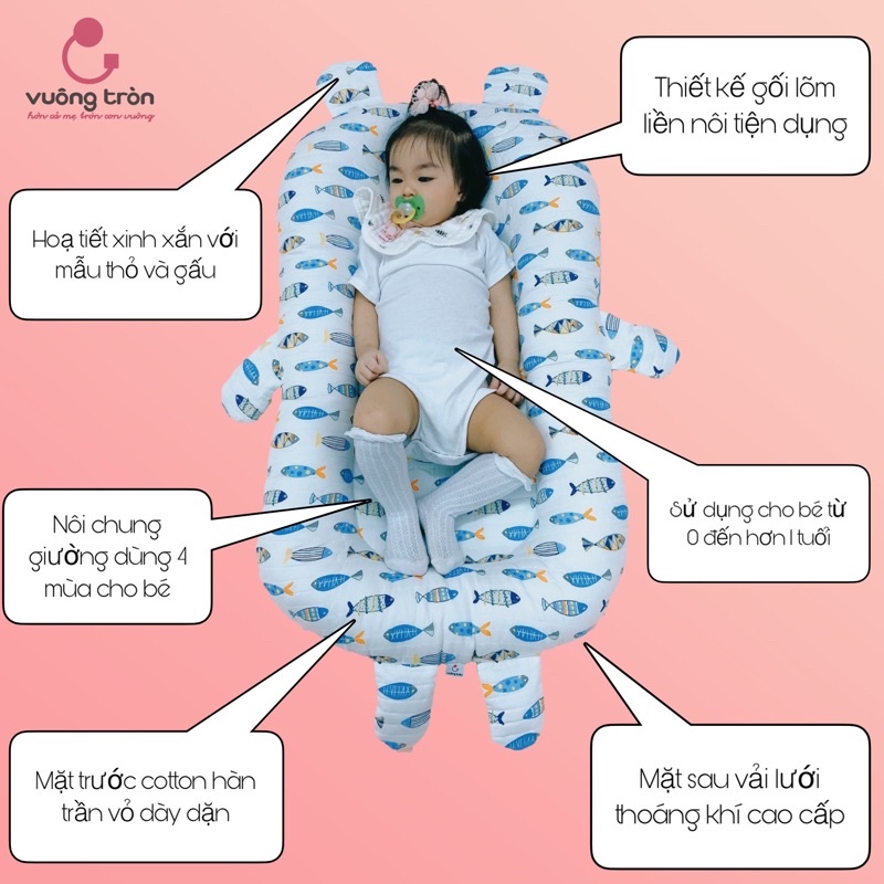 Nôi vải chung giường cao cấp Vuông Tròn cotton Hàn chần bông, đệm nằm chung giường đẹp an toàn cho bé yêu