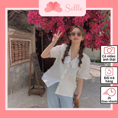 Áo sơ mi nữ cổ sen trắng ngắn tay đi học Hàn Quốc Sollle ASM002T