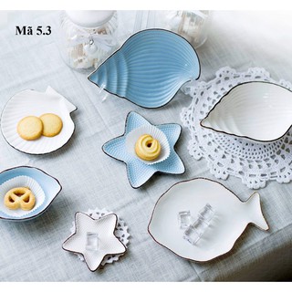 Đĩa hải sản trắng, xanh viền đen, set đĩa đại dương, đĩa trang trí, decor: 5.3