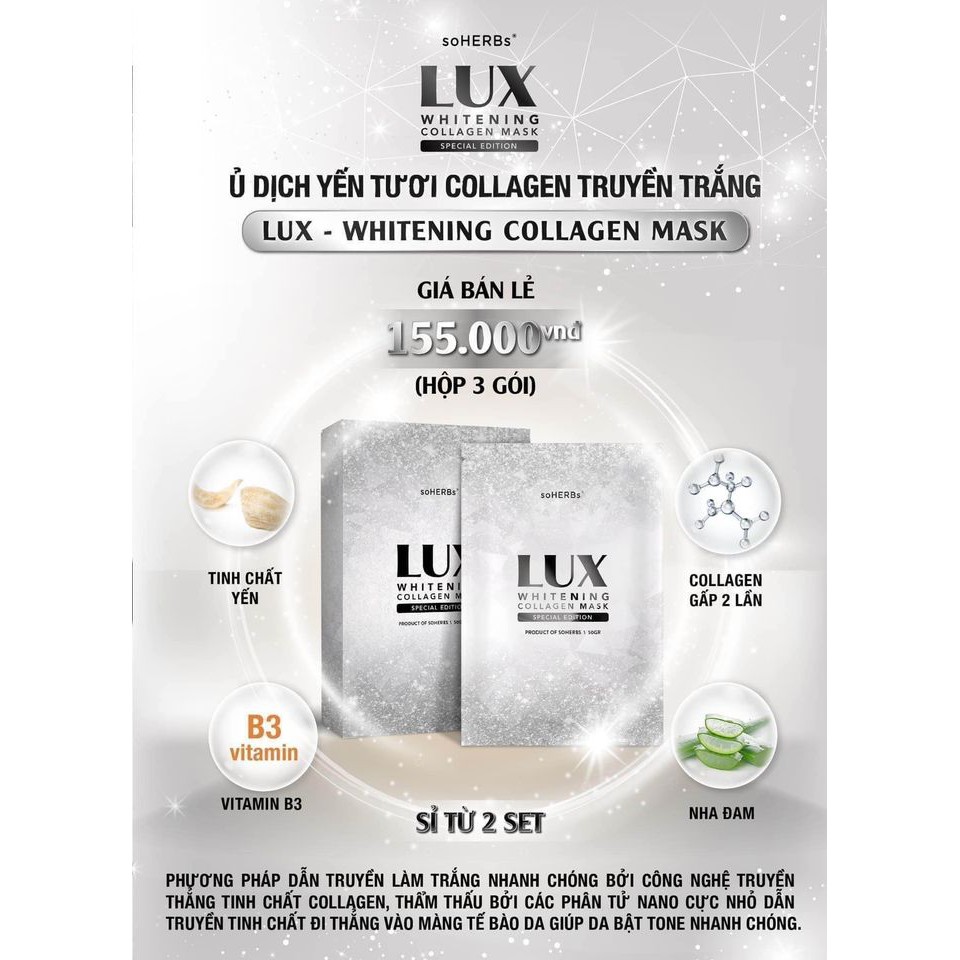 Ủ dịch yến tươi Collagen truyền trắng Lux Whitening Collagen Mask Hộp 3 gói (HÀNG CHÍNH HÃNG) | BigBuy360 - bigbuy360.vn