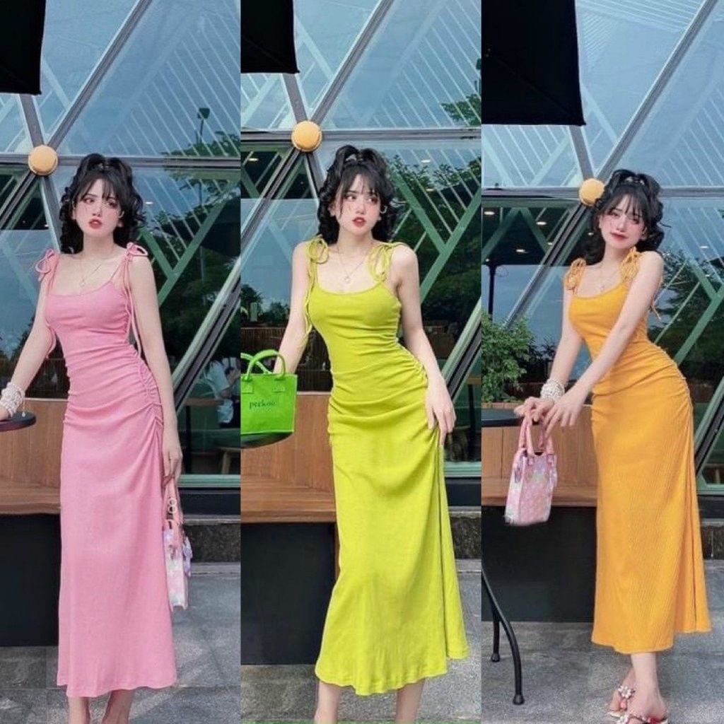 Đầm ôm body 2 dây vai phối nơ côt nhún eo Form dài siêu tôn dáng chất thun gân