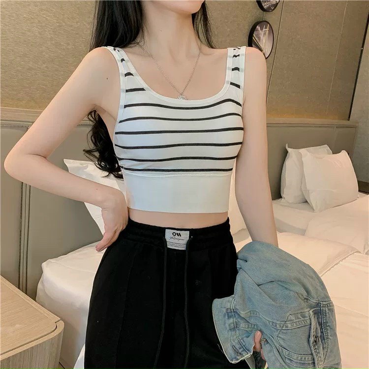 Mới - Áo bra kẻ đen trắng sẵn đệm ngực phong cách Hàn Quốc