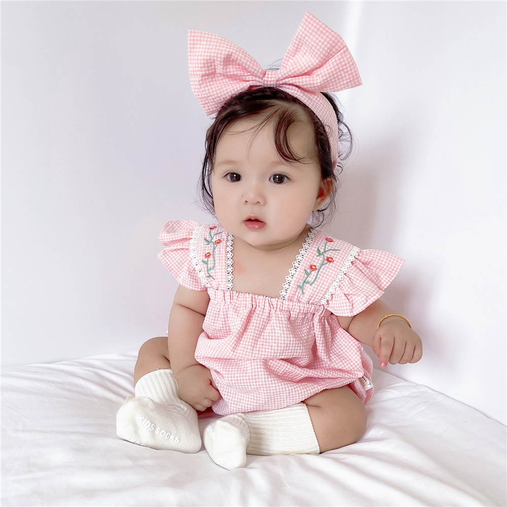 Bộ áo liền quần không tay thêu hoa hồng + băng đô kiểu mùa hè đáng yêu cho bé gái