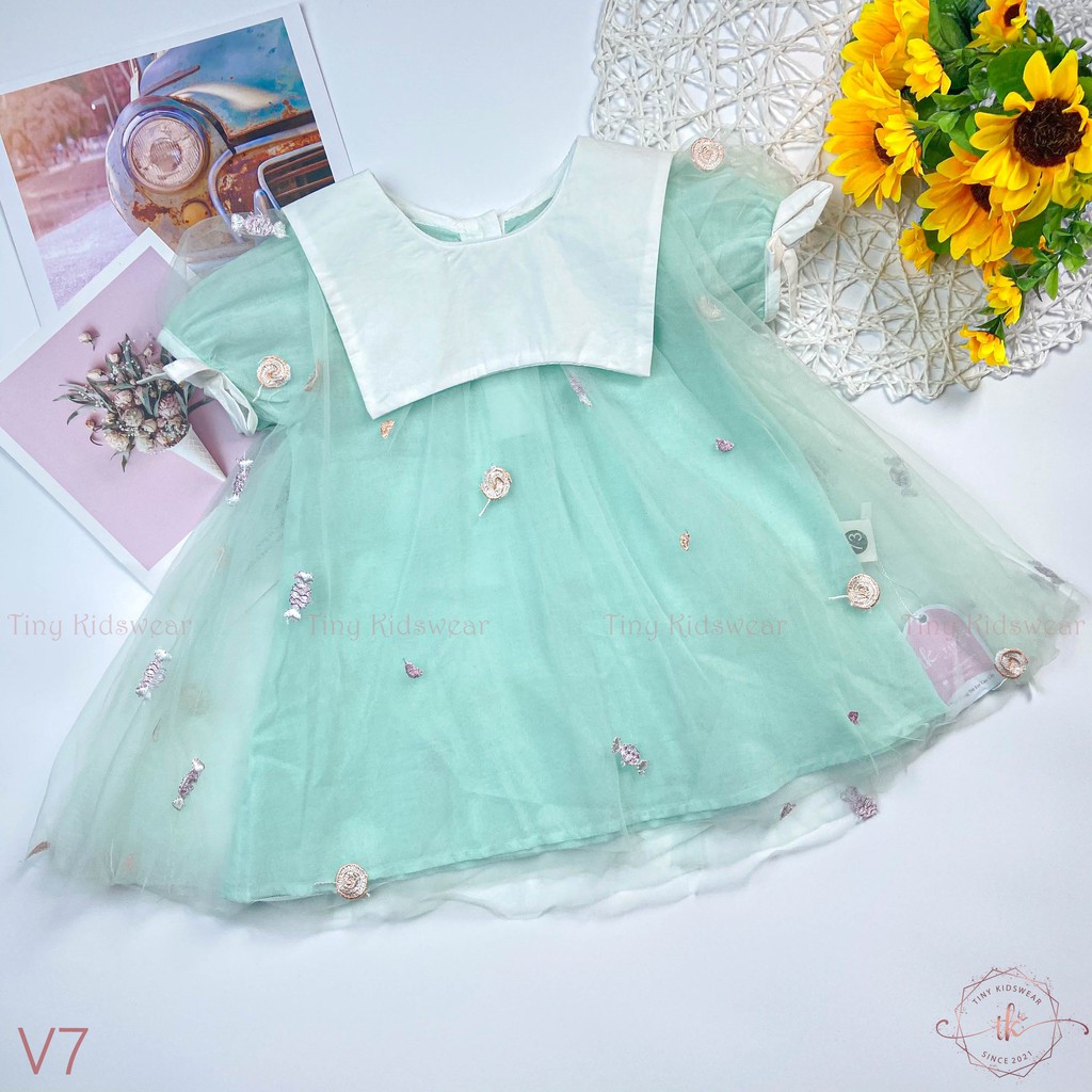 Váy/ Đầm xòe công chúa ngắn tay họa tiết kẹo bông cho bé gái từ 8-16kg [V7]
