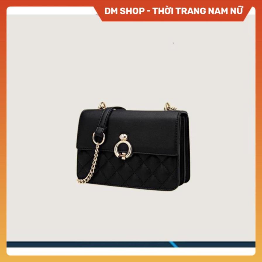 Túi xách nữ đeo chéo thiết kế ô trám nắp gập xịn, Túi sách thời trang trắng đen caro khuy tròn cài day xích