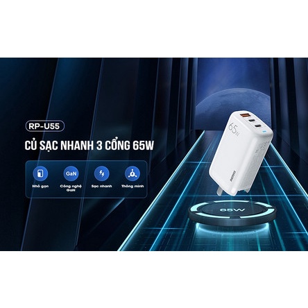 Củ sạc nhanh GaN 3 cổng 65W RP-U55 - Chính Hãng Remax