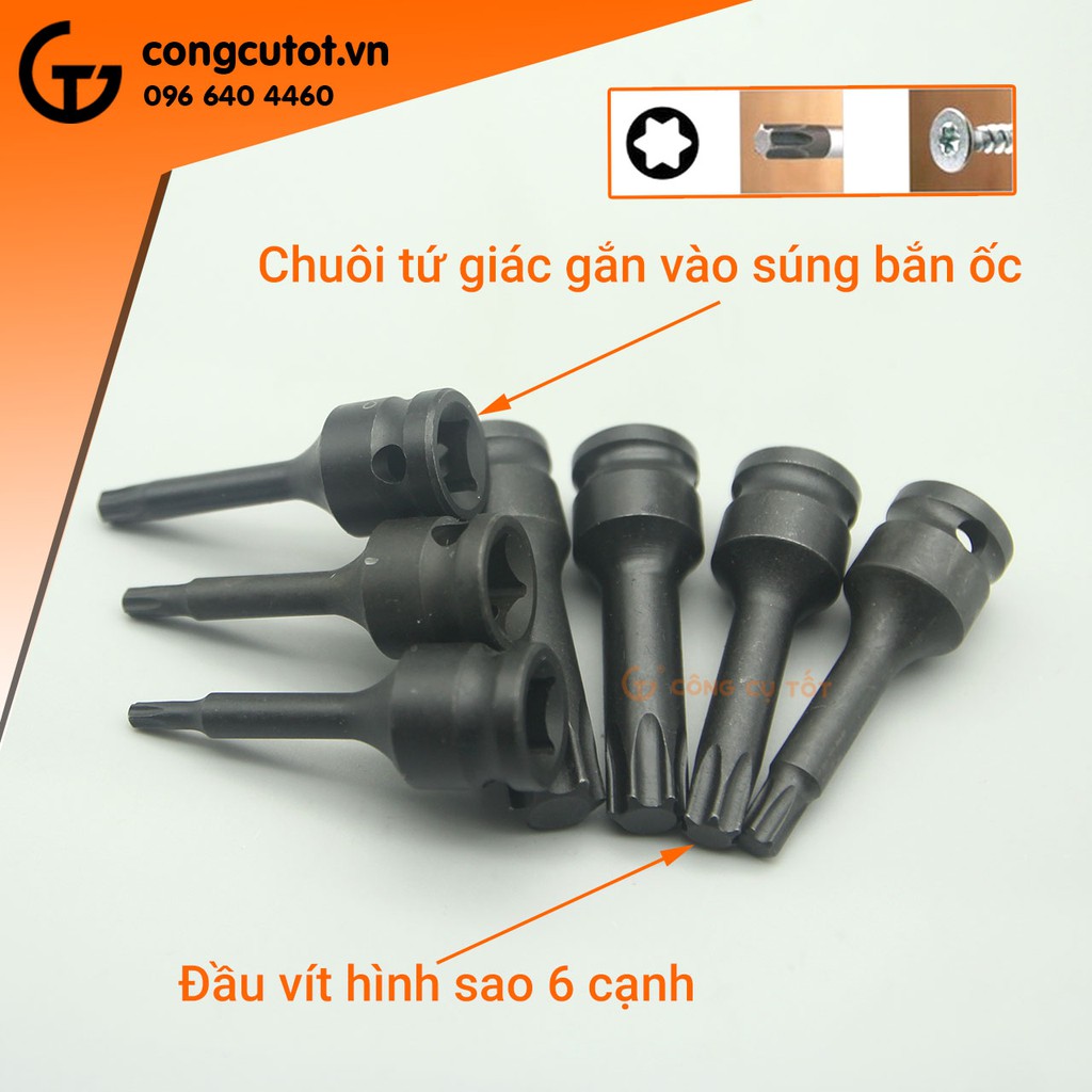 Đầu vặn vít hình sao gắn súng bắn ốc 3/8&quot; thép Cr-MO T20 - T60